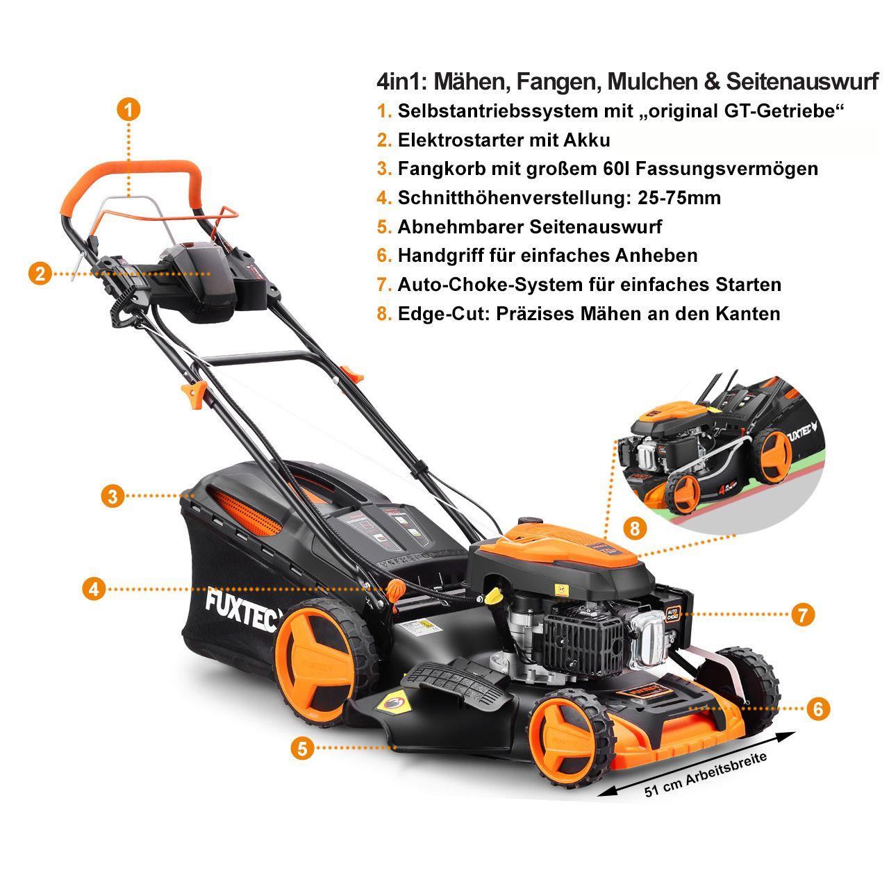 fuxtec-fx-rm5196es-benzin-rasenm-her-mit-e-start-und-zipgo-b-ware image 2